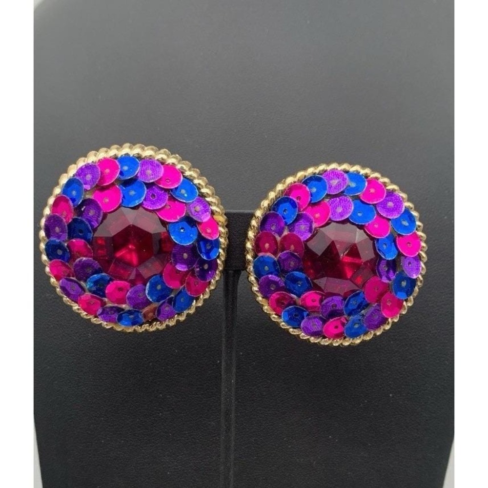 Vintage Chunky Bold Retro Pink Blue Purple Sequin‎ Gold Tone Round Clip Earrings